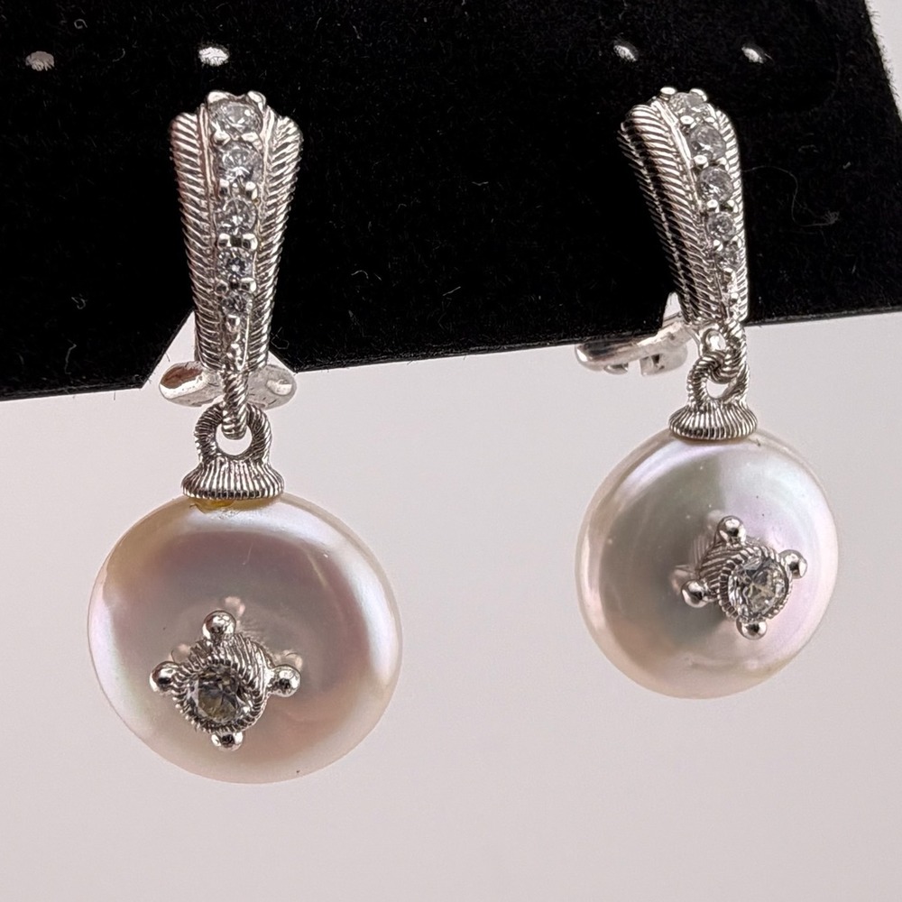 Judith Ripka Sterling Silver Coin Pearl CZ Drop Earrings Omega Back White